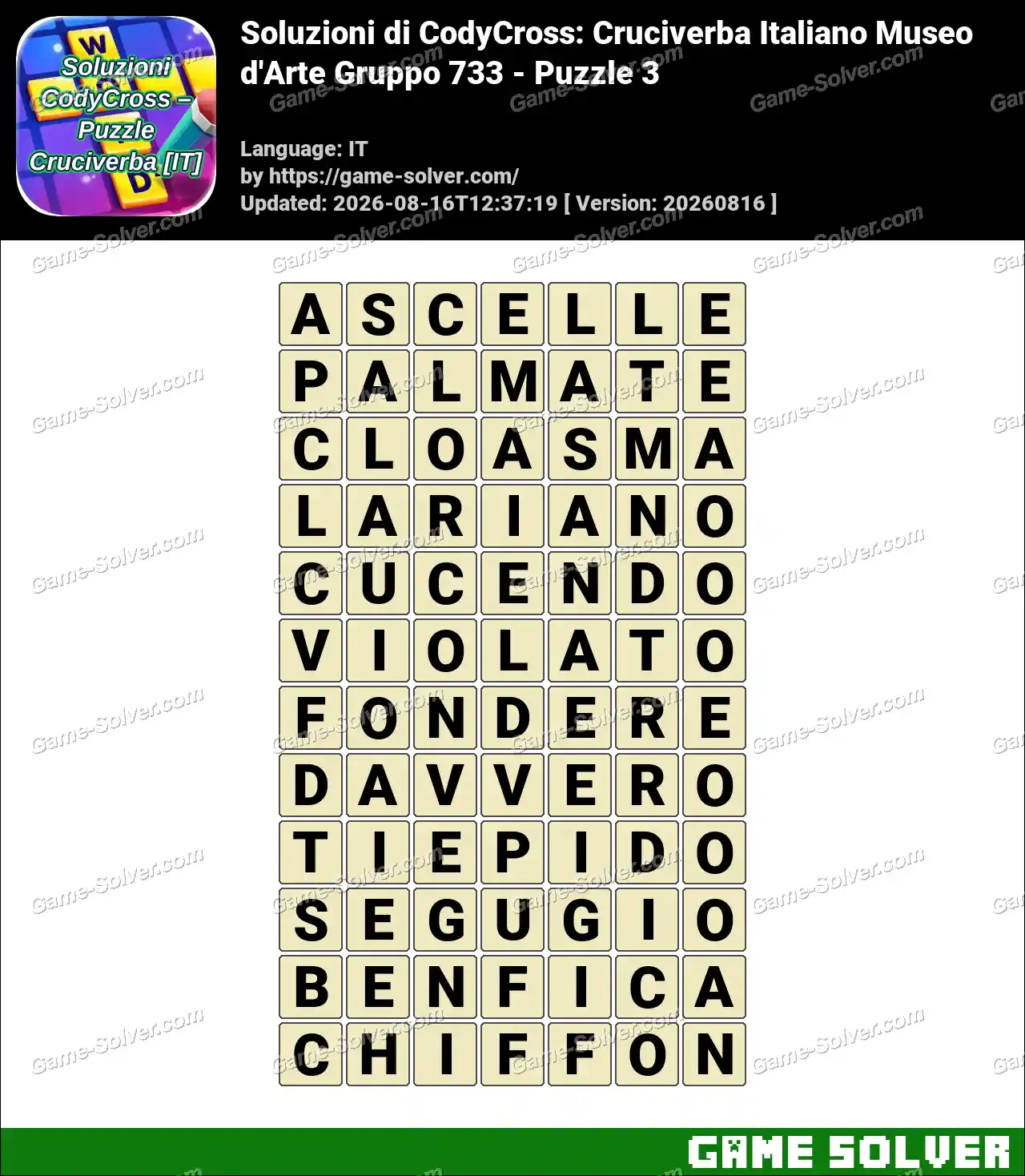 Soluzioni di CodyCross: Cruciverba Italiano Museo d’Arte Gruppo 733 – Puzzle 3